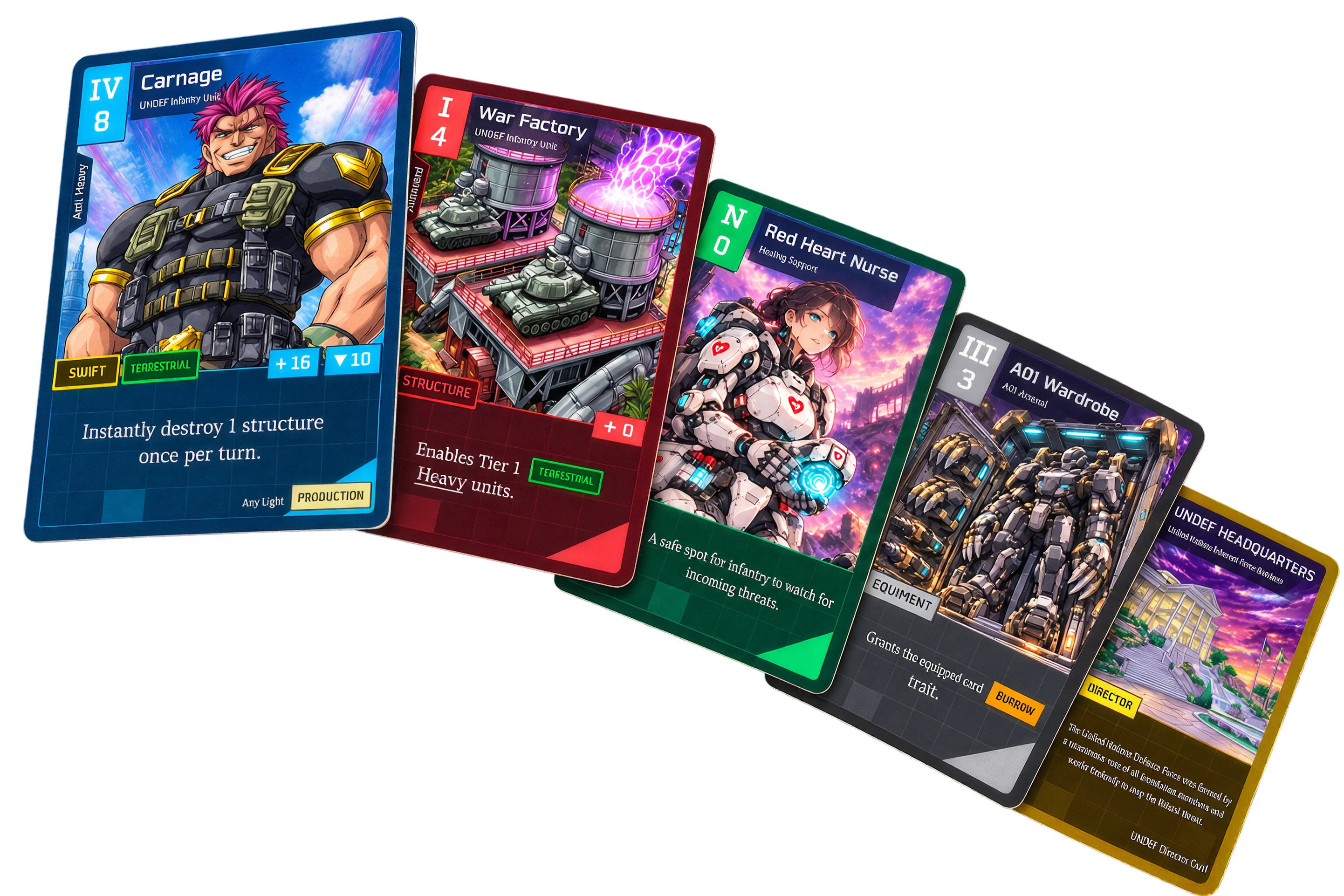 TCG Card UI Design — five overlapping illustrated game cards